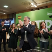 Eduardo Margareto / ICAL . El candidato de VOX a la presidencia de Castilla y León, Carlos Pollán, en el  AC Hotel Palacio de Santa Ana, Arroyo de la Encomienda (Valladolid) donde ha seguido el resultado de las elecciones
