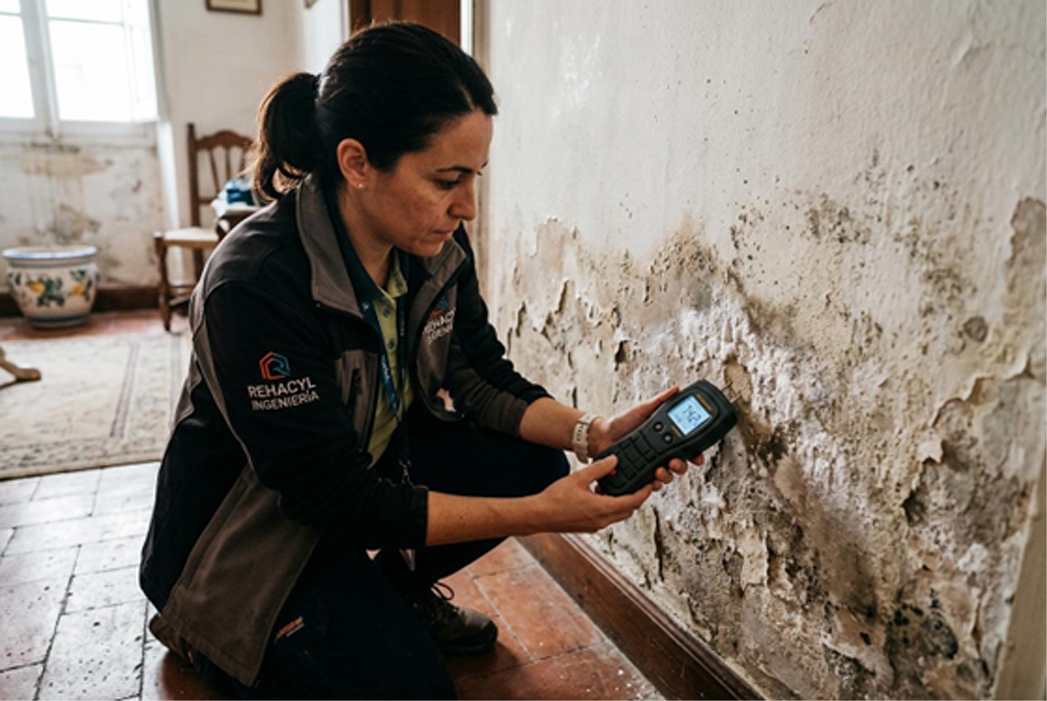 Técnico especialista midiendo el nivel de humedad en la base de un muro con higrómetro de contacto, paso previo al diagnóstico diferencial.