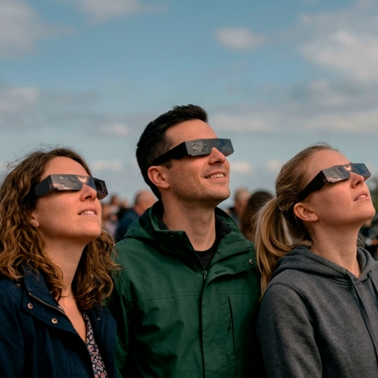Un grupo de personas mirando el eclipse con gafas especiales para ello