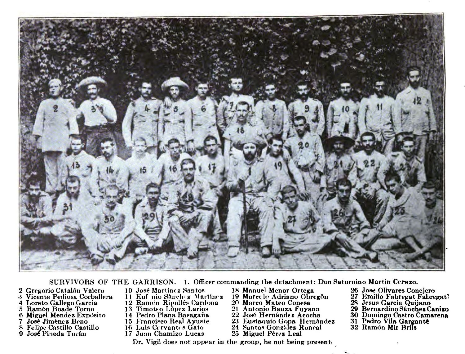 Supervivientes de Sitio de Baler fotografiados en el patio del Palacio de Santa Potenciana.El doctor Vigil de Quiñones no aparece en la foto | Under the red and gold: being notes and recollections of the siege of Baler (1909) 