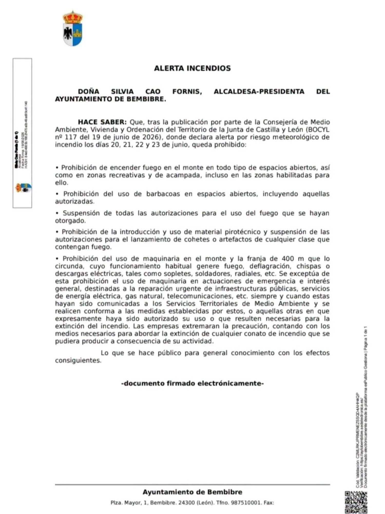 Bando del Ayuntamiento de Bembibre Bando del Ayuntamiento de Bembibre