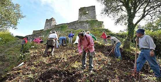 La asociación Promonumenta, durante uno de los trabajos voluntarios de desbroce del castillo