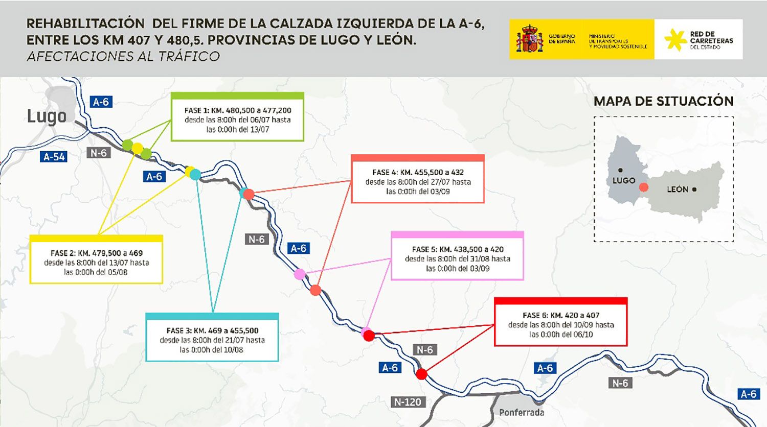 Obras en el firme en la A 6 entre Ponferrada y Lugo Obras en el firme en la A 6 entre Ponferrada y Lugo