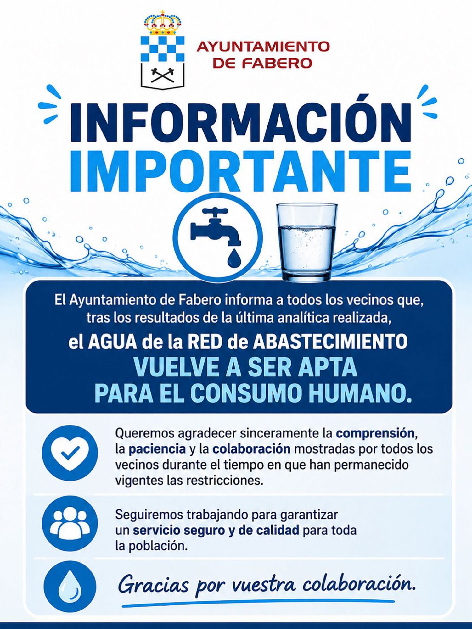 Anuncio emitido por el Ayuntamiento de Fabero sobre el estado del agua