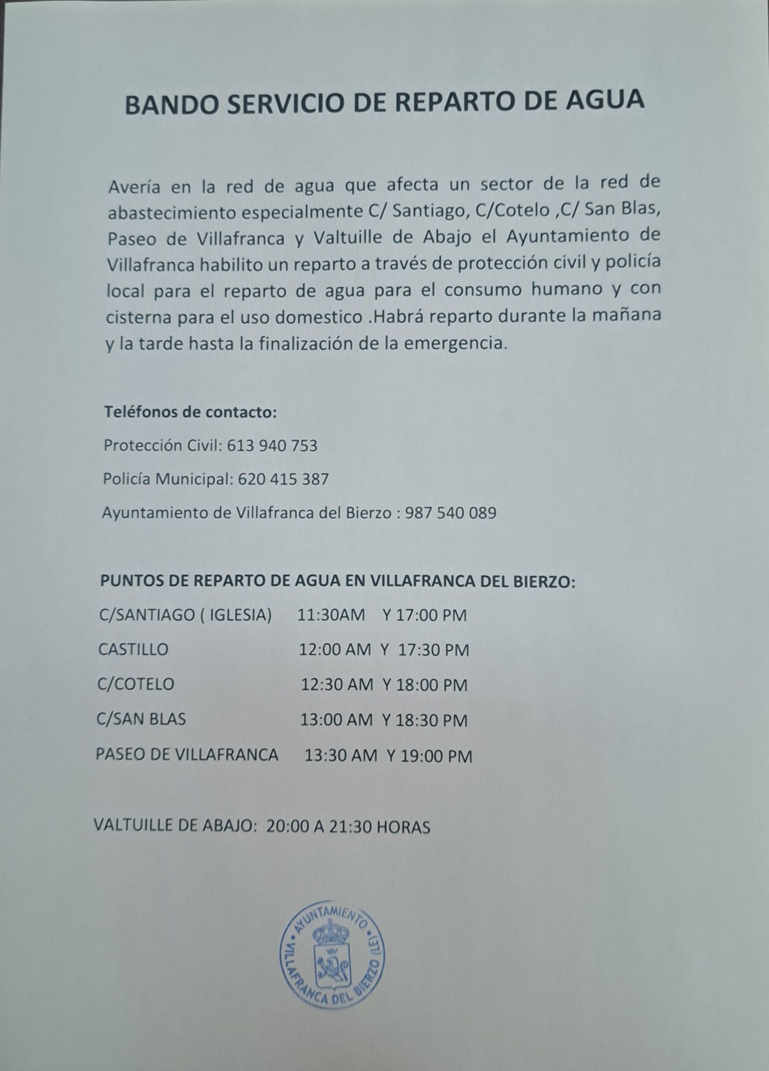 Bando con detalles de las actuaciones para cortes de agua en Villafranca del Bierzo | Ayuntamiento de Villafranca del Bierzo Bando con detalles de las actuaciones para cortes de agua en Villafranca del Bierzo | Ayuntamiento de Villafranca del Bierzo