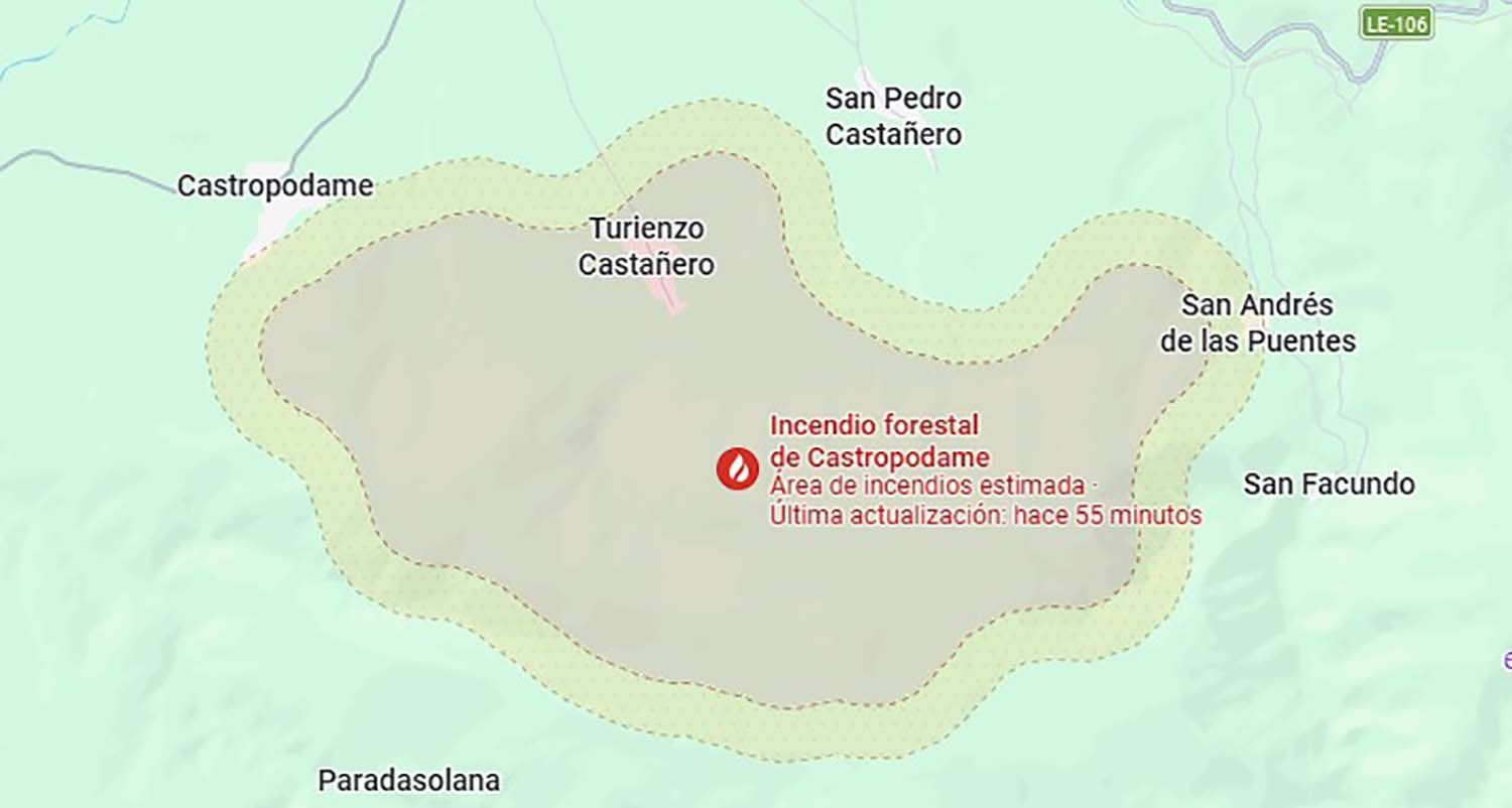 Extensión del terreno afectado por el incendio de Castropodame a esta hora Extensión del terreno afectado por el incendio de Castropodame a esta hora