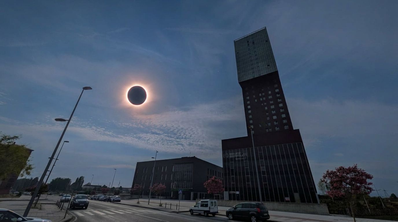 Montaje simulando el eclipse solar total del 12 de agosto en El Bierzo | Foto: Dani Merino, InfoBierzo Montaje simulando el eclipse solar total del 12 de agosto en El Bierzo | Foto: Dani Merino, InfoBierzo