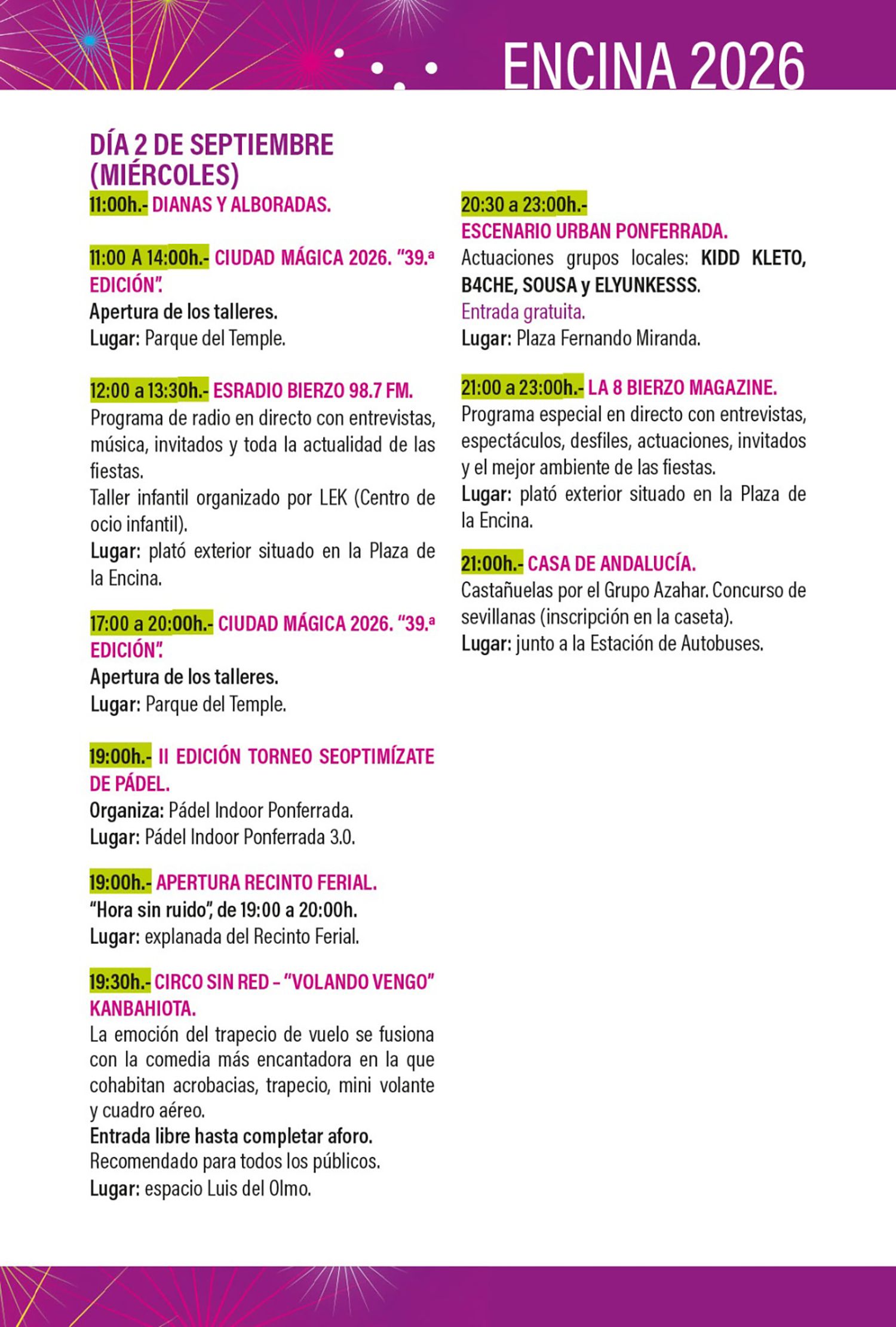 Programa miércoles, 2 de septiembre Programa miércoles, 2 de septiembre
