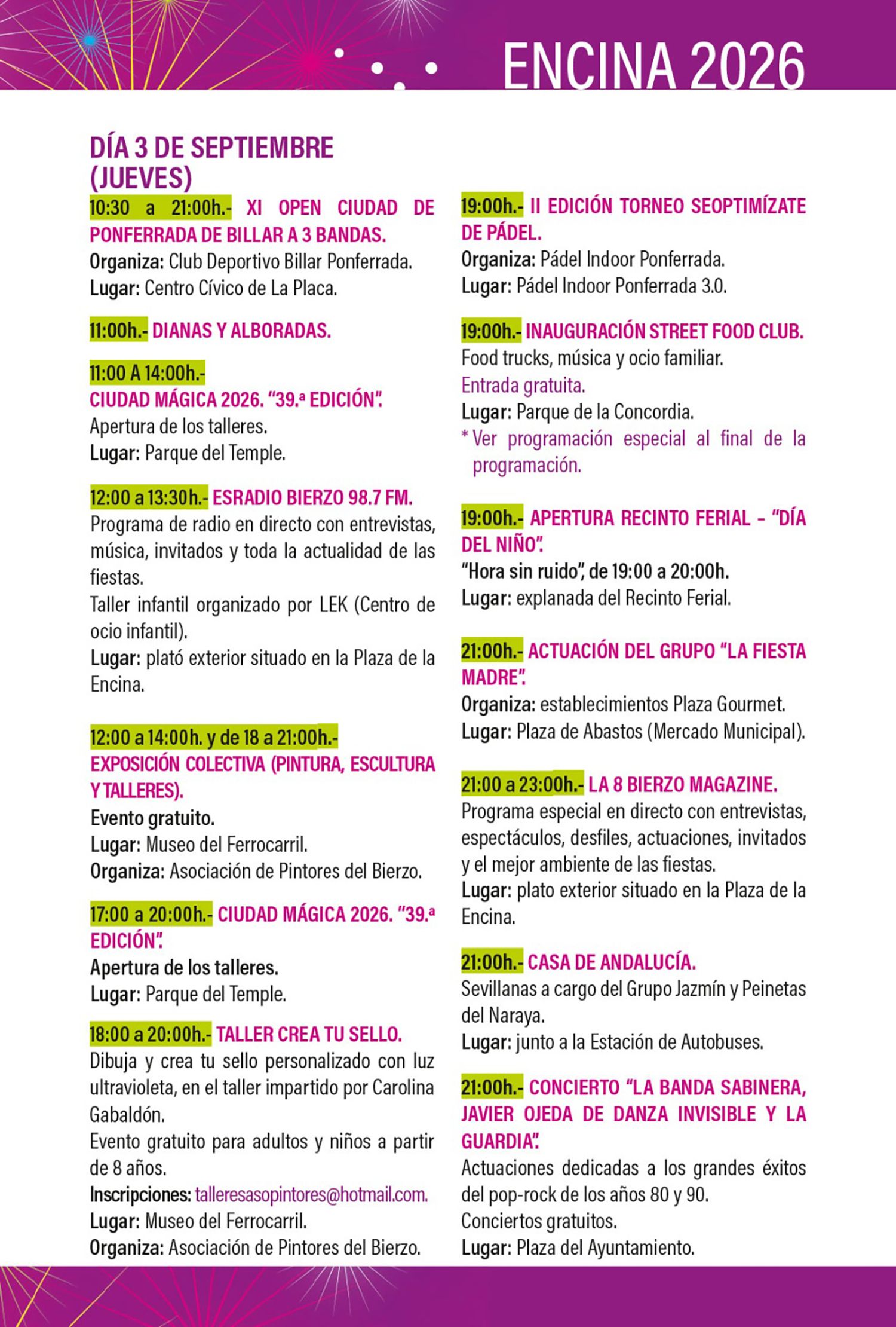 Programa, 3 de septiembre