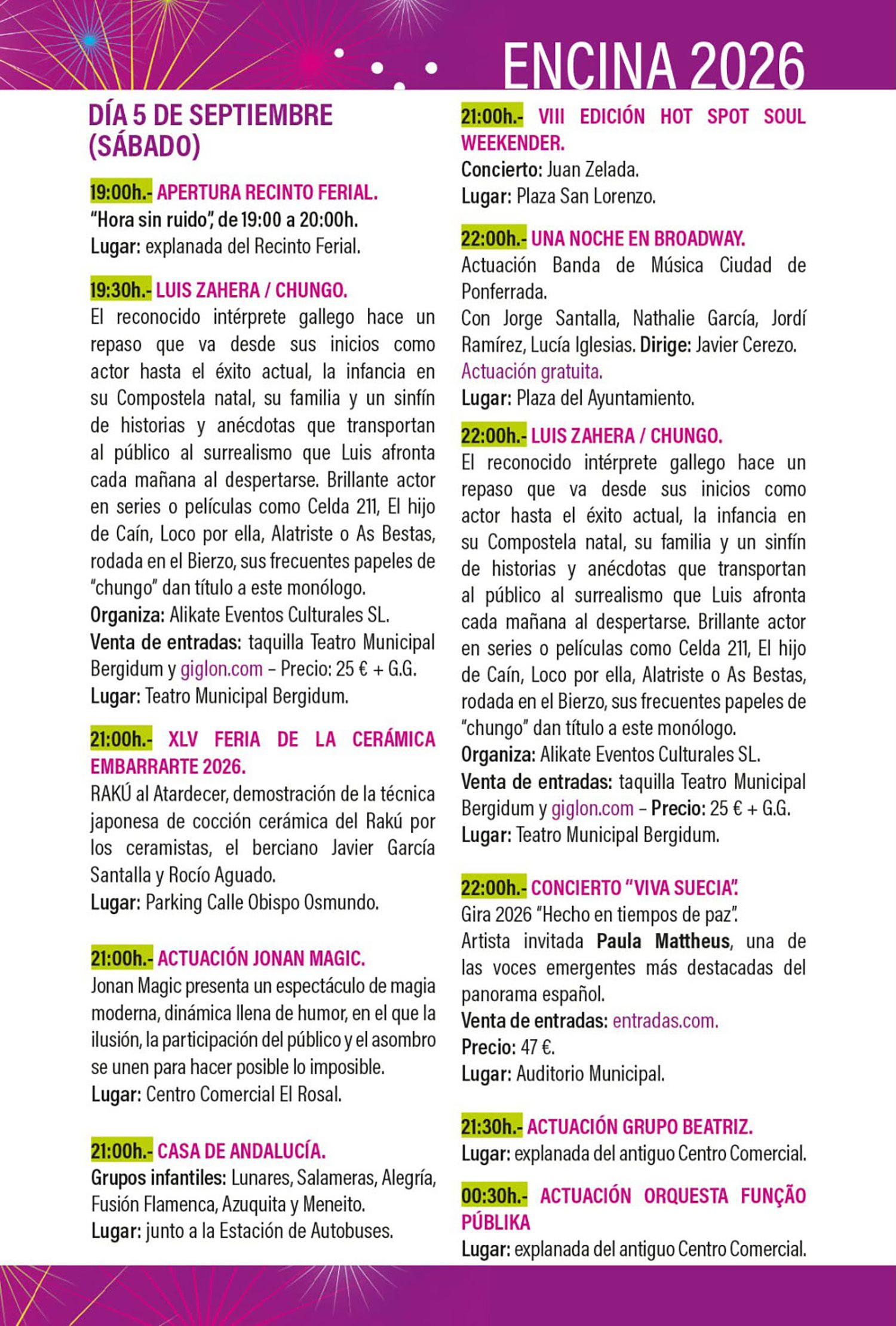 Programa, sábado 5 de septiembre Programa, sábado 5 de septiembre
