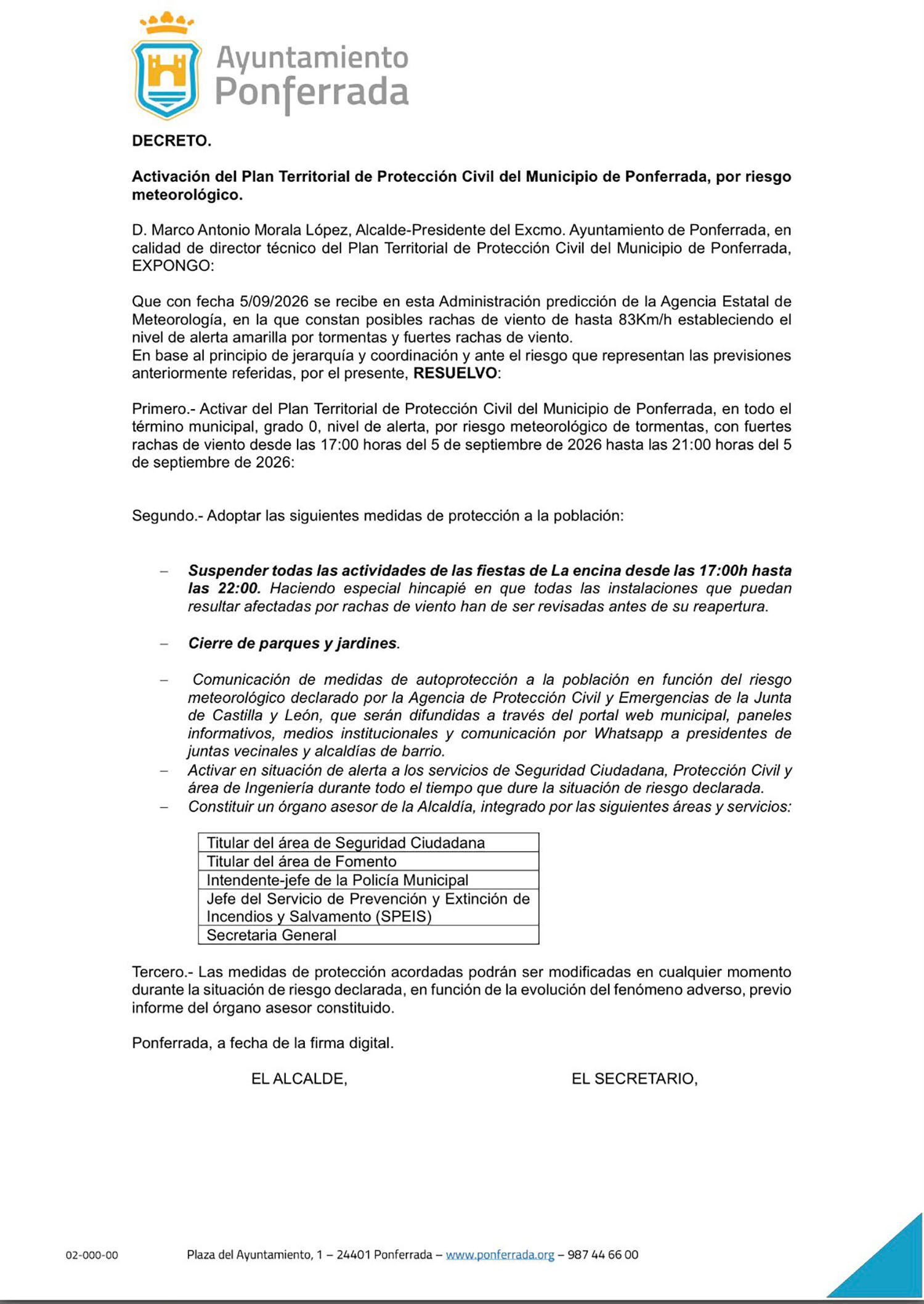Decreto del Plan de Protección Civil Decreto del Plan de Protección Civil