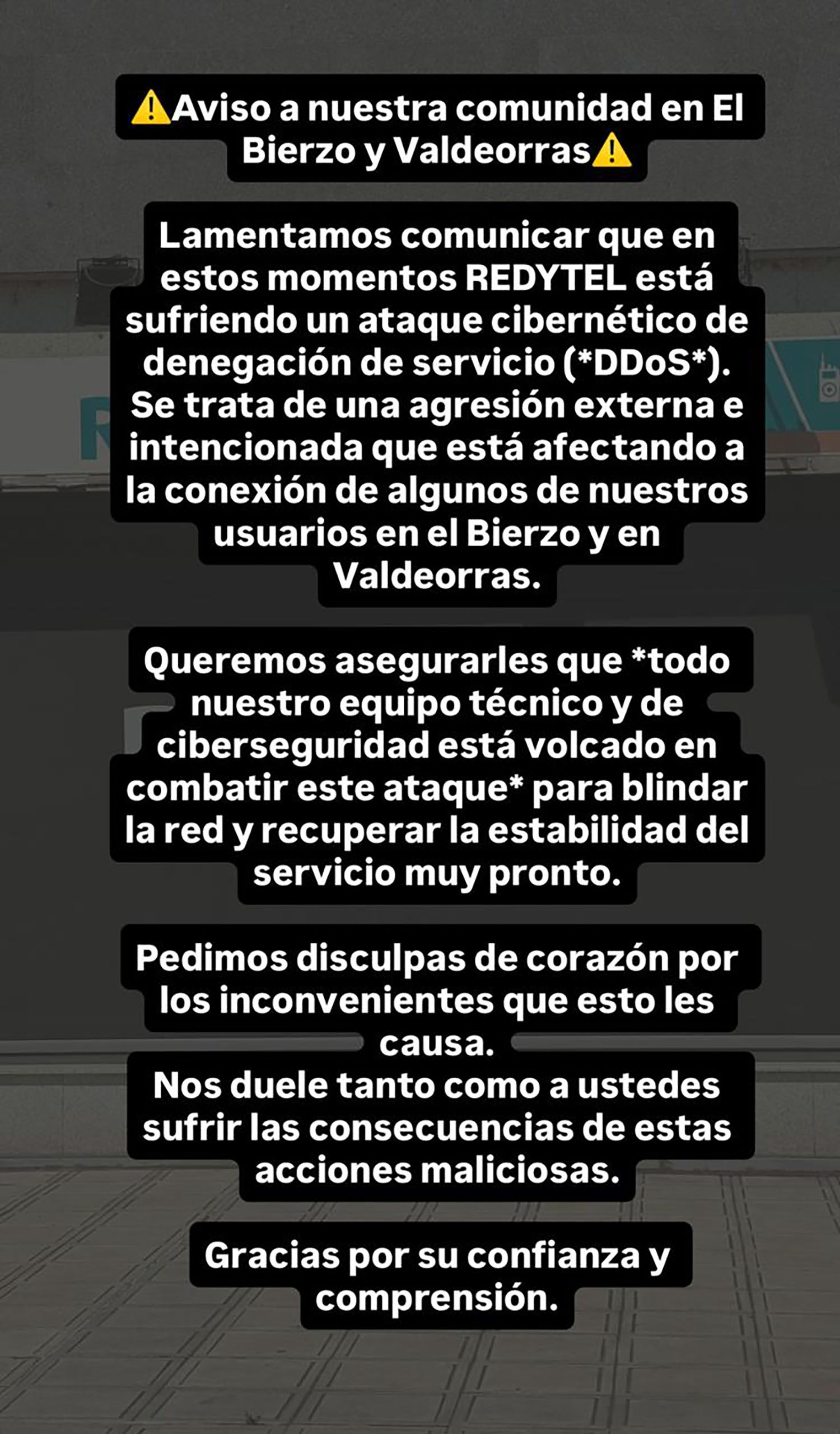 Aviso de Redytel compartido en sus redes sociales Aviso de Redytel compartido en sus redes sociales